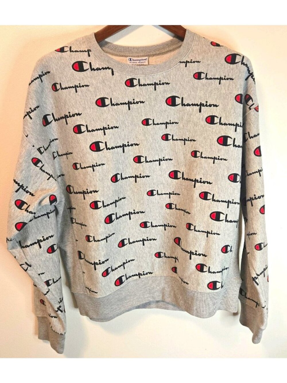 Champion Reverse Weave XL Sweatshirt Gray All Over Logo Print Crewneck Pullover